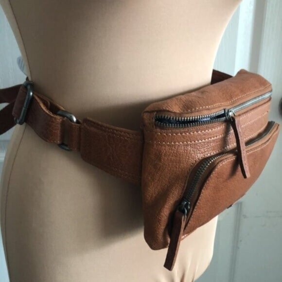 SPIKES & SPARROW Leather Belt Bag With Front Zip Pocket Camel Brown - Picture 8 of 16